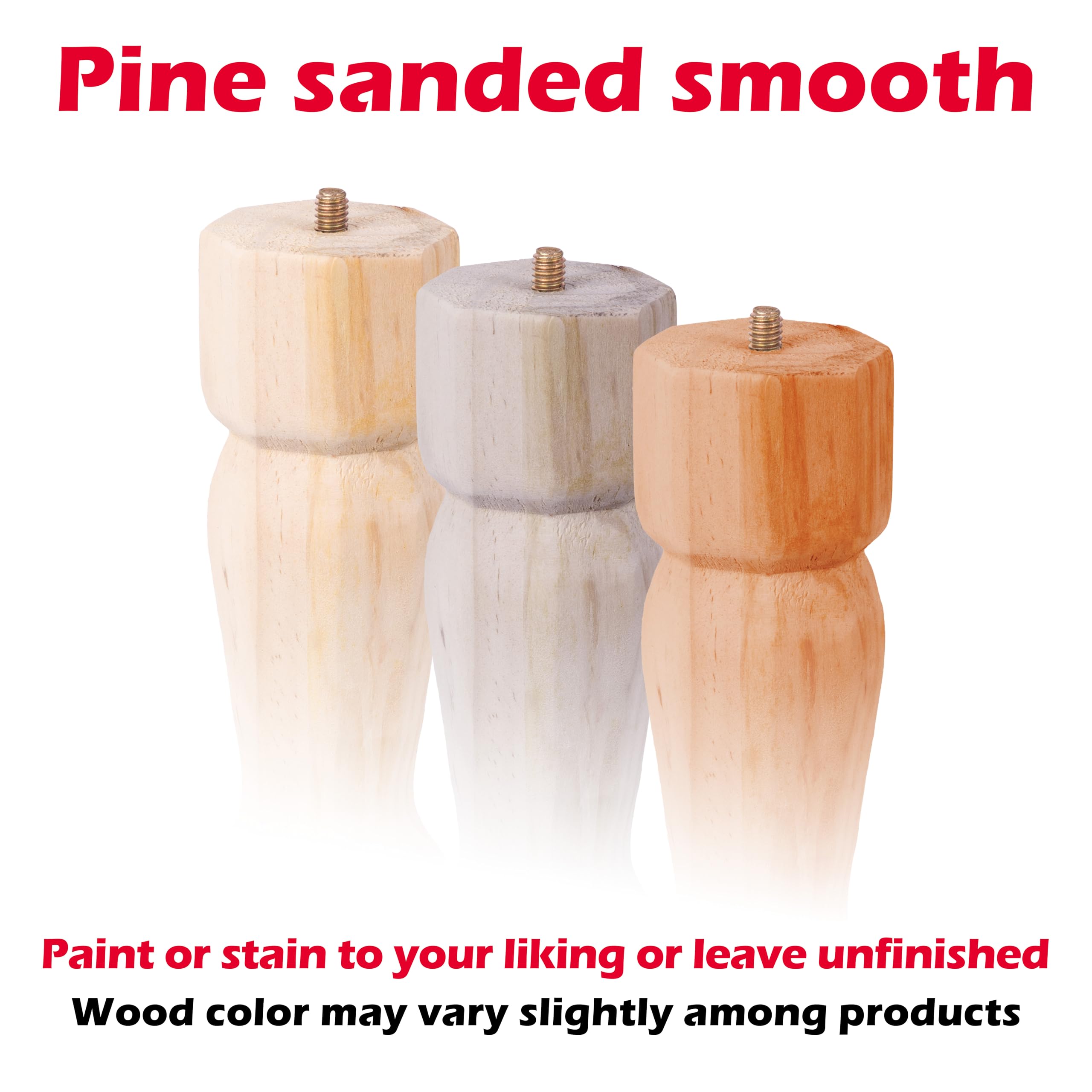 Waddell Traditional Pine Table Leg (4 Count, 9" H) | Quick Mount Decorative Wood Legs with 5/16" Hanger Bolt | Replacement Unfinished Furniture Legs for Crafts, Renovating, Upcycling DIY Home Decor - Image 4